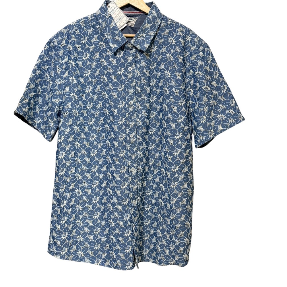 Flag & Anthem Mens XL Blue Floral Eyelet Short Sleeve Button Down Shirt  texture
